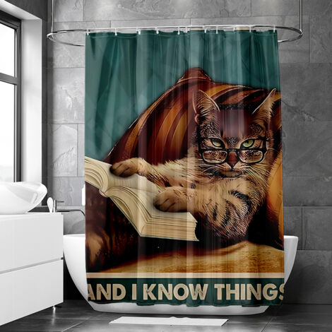 Rideau de douche motif chat et chien aquarelle rétro stylisés, polyester imperméable, 90x180 cm
