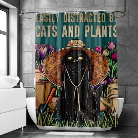 Rideau de douche motif chat et chien vintage stylisé, rideau salle de bain imperméable, 90x180 cm