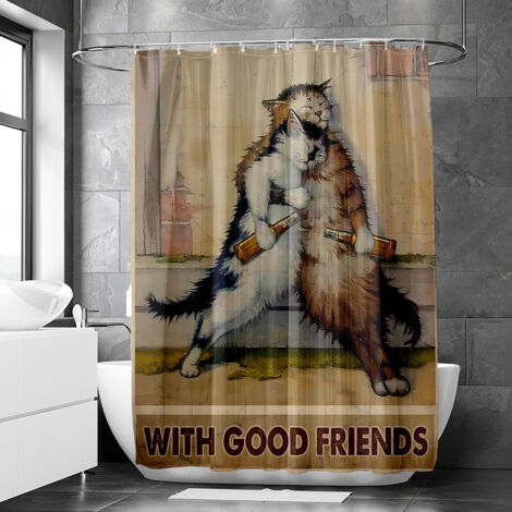 Rideau de douche motif chat rétro aquarelle, polyester imperméable, 90x180 cm