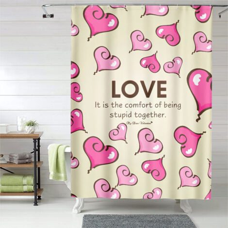 Rideau de douche motif cœurs dessin doux, polyester imperméable, 150x180 cm
