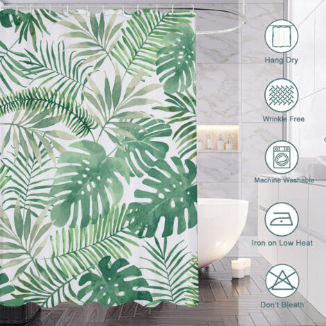 Rideau de douche motif feuillage aquarelle, polyester imperméable, 150x180 cm
