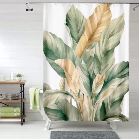 Rideau de douche motif feuilles de caoutchouc, œillets plastique, résistant