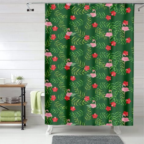 Rideau de douche motif flamant rose feuilles, tissu imperméable polyester, 90x180 cm