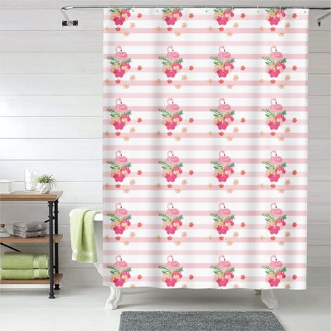 Rideau de douche motif flamant rose fleurs, rideau salle de bain, 90x180 cm