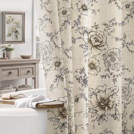 Rideau De Douche - Motif Floral Vintage - En Mélange Lin Naturel Et Polyester - 72x72 Pouces - Noir Et Beige - 1 Pièce