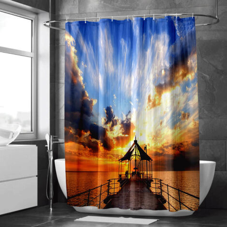 Rideau de douche motif lac et pins, polyester imperméable, 150x180 cm