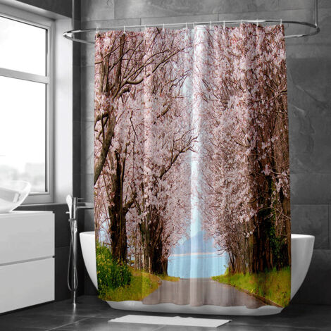 Rideau de douche motif montagne et lac tranquille, polyester imperméable, 150x180 cm