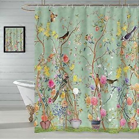 Rideau de douche, motif papillons, oiseaux et fleurs, imperméable, résistant aux moisissures, pour salle de bain ou pièce humide, lavable, avec 12 crochets