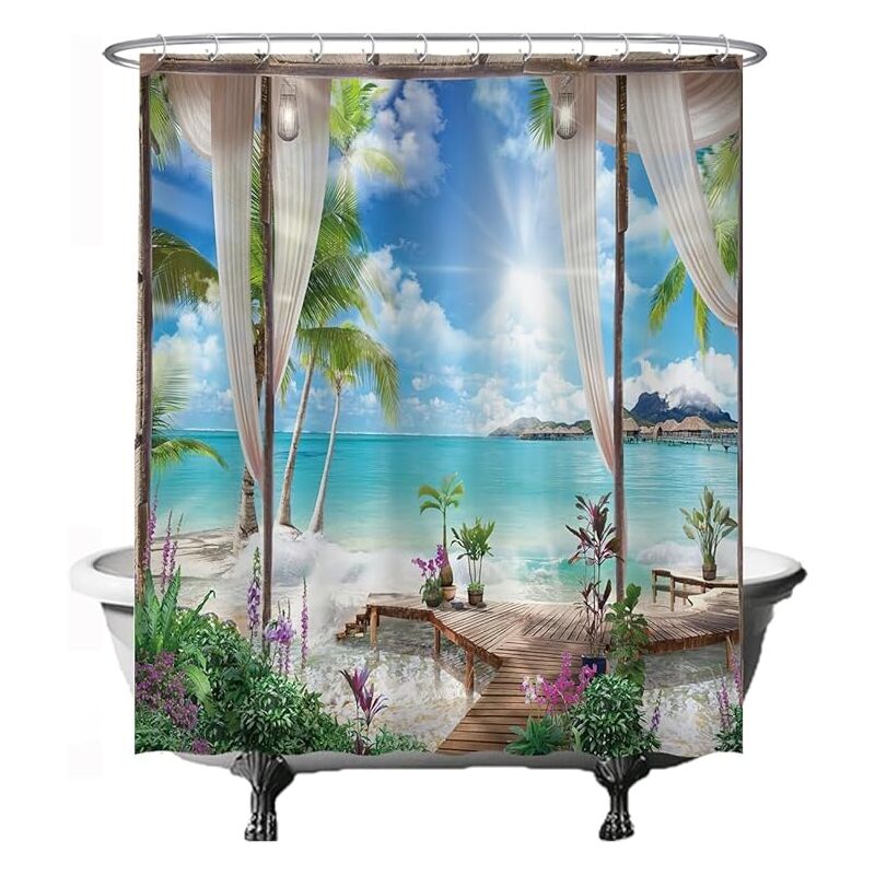 Lntyq Rideau de douche, motif plage et mer, nature, 180 x 200 cm, lavable, anti-moisissure, avec 12 anneaux, bleu, blanc, vert
