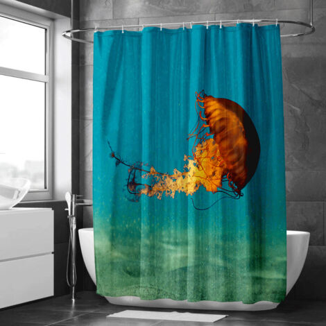 Rideau de douche motif poissons tropicaux et coraux, polyester imperméable, 90x180 cm