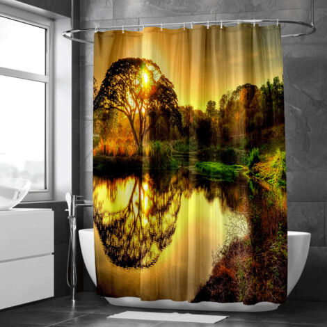 Rideau de douche motif prairie et rivière au soleil, tissu salle de bain imperméable, 150x180 cm