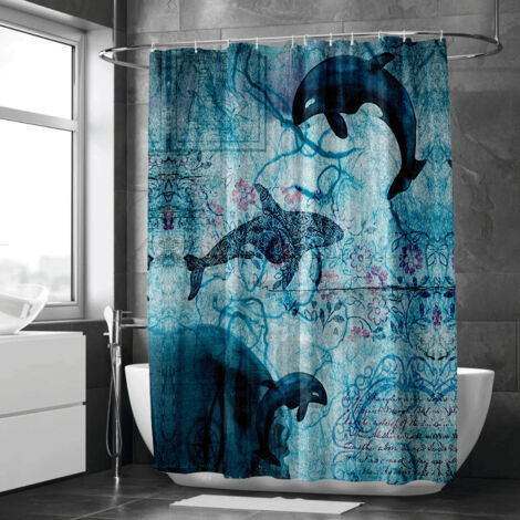 Rideau de douche motif tortues et coraux stylisés, polyester imperméable, 150x180 cm