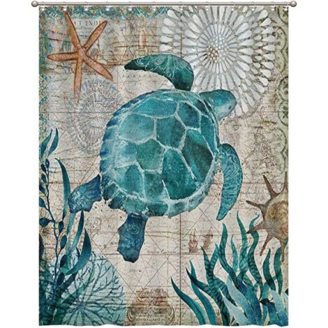 Rideau de douche nautique vintage motif tortue bleu sarcelle – pour salle de bain – 150 cm x 180 cm