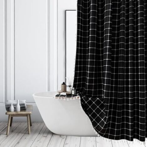 Rideau de douche noir - Style bohème - Motif à carreaux - Vintage - Style maison de campagne - Aspect lin - Avec pompons - Pour salle de bain, baignoire - 180 x 210 cm