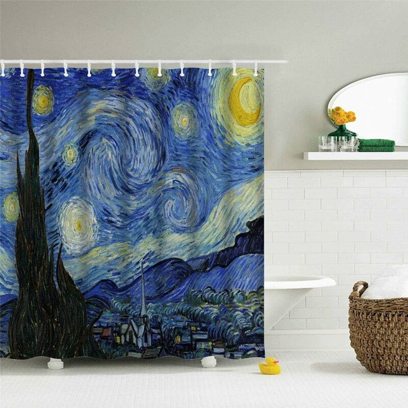 Rideau de douche nuit étoilée pour salle de bain avec crochets, Van Gogh Stars Art décoratif en tissu long, rideau de douche en tissu, décorations de