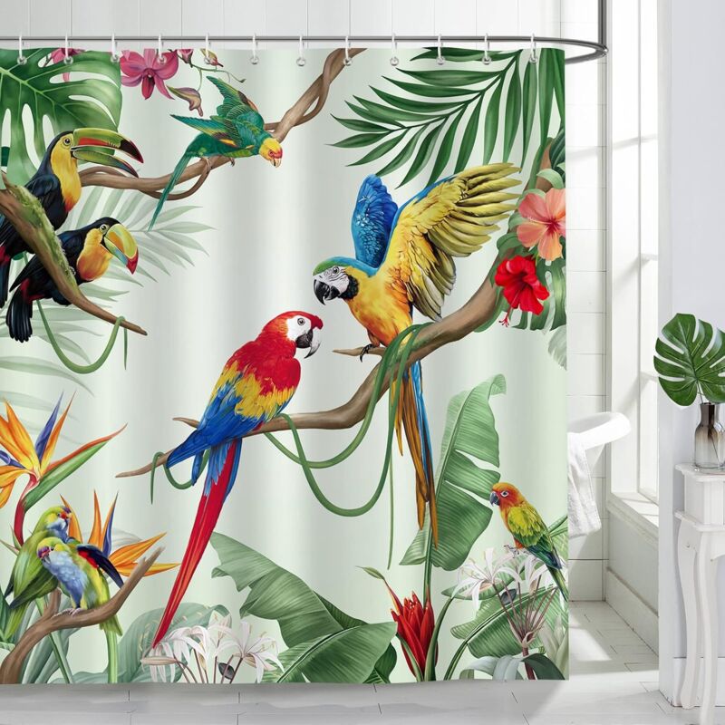 Rideau de Douche Oiseaux Tropicaux Perroquet Feuille Vert Rideau de Anti Moisissure Imperméable Lavable Rideau Salle de Bain avec 12 Crochets