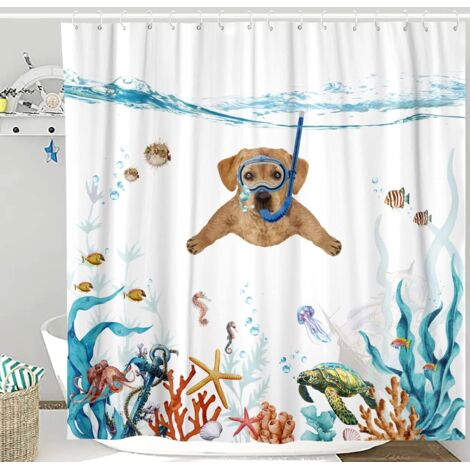 Rideau de douche orange à motif chien rigolo, 183 x 183 cm, bleu sarcelle.