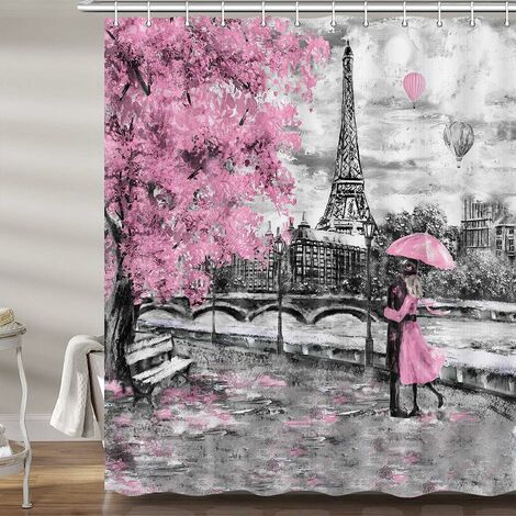Rideau de douche Paris rose et gris pour salle de bain, ensemble de rideaux de douche en tissu tour Eiffel gris vintage, accessoires de décoration de toilettes assez florales françaises avec crochets
