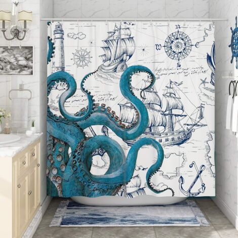 Rideau de douche pieuvre cool 183 x 183 cm, style marin anime