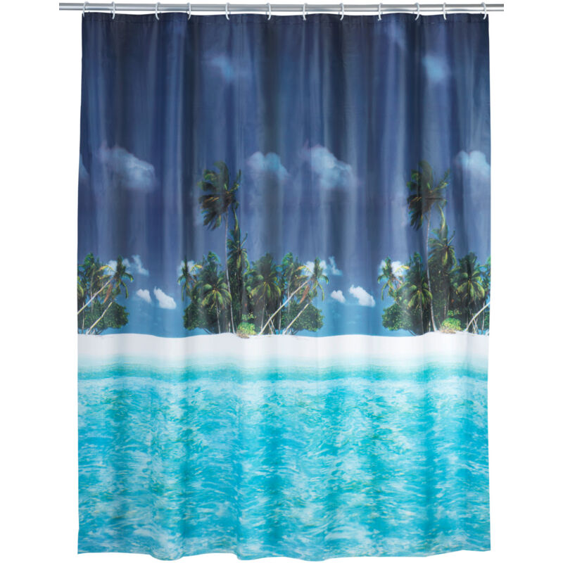 WENKO Rideau de douche Original Palm Beach, rideau de douche 180x200 cm, waterproof, 12 anneaux rideau de douche en plastique blanc inclus, PEVA