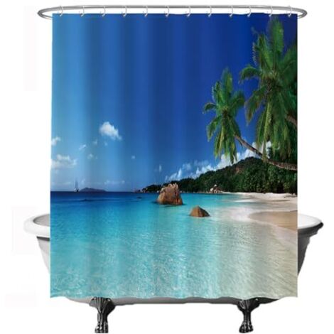 Rideau de Douche - Plage Nature Mer île Palmier - 180 x 200 cm - Lavable - Anti Moisissure - Imperméable - avec 12 Anneaux - Bleu