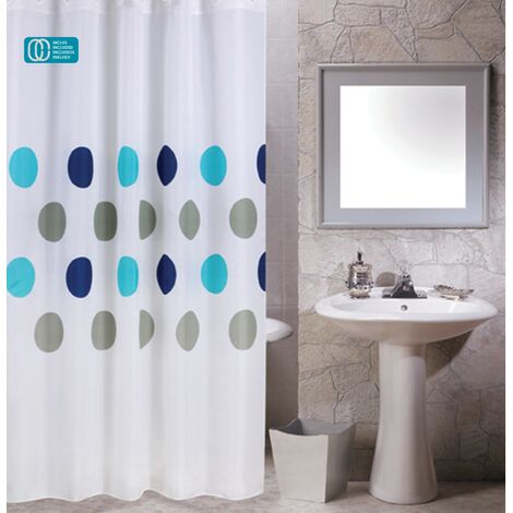 Rideau De Douche Polyester 180x200cm Ronds Gris Bleu