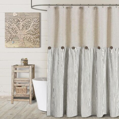 Rideau de douche pour salle de bain avec œillets, tissu en coton et lin tissé, rayures noires, style rustique (noir, 183 cm de long x 183 cm de large)