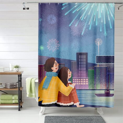 Rideau de douche romance cartoon, œillets plastique, polyester résistant