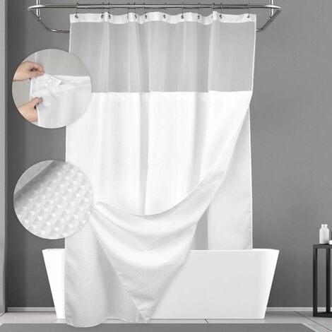 Rideau de douche tissé gaufré avec doublure en tissu à pression comprenant 12 crochets - Imperméable et lavable, Blanc-BDD