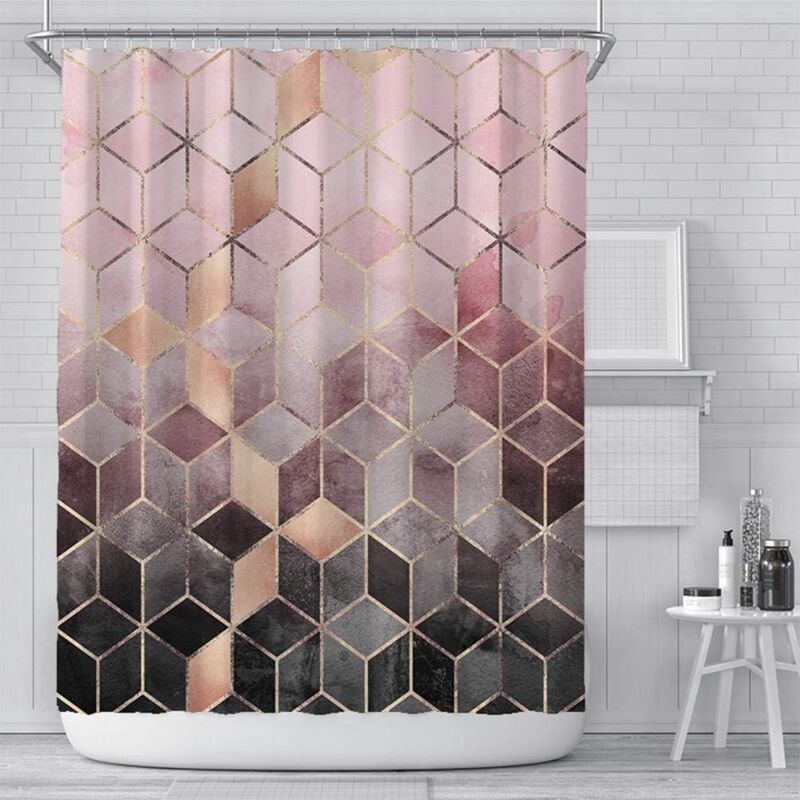 Linghhang - Rideau de Douche Tissu 180x180 cm en marbre Rose, Grille Moderne Géométrique Ombre Rideaux de Douche Roses et Gris, Rideaux de Salle de