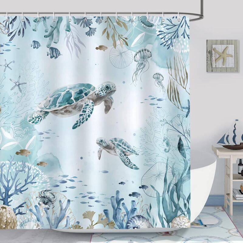 Rideau de Douche Tortue de Mer Océan Bleu Algue Rideau de Bain Tissu Polyester Anti Moisissure Imperméable Lavable Rideau Salle de Bain 180 x 180 cm