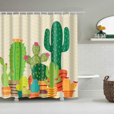 Rideau de douche tropical cactus en tissu imperméable avec 12 crochets