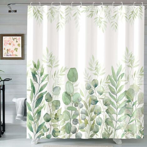 Rideau Douche Eucalyptus, Rideau de Douche Feuilles Vert Sauge Gris Rideau  de Baignoire Anti Moisissure Imperméable Tissu Polyester Lavable Rideau  Salle de Bain avec 12 Crochets 180Lx200Hcm