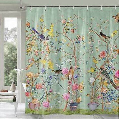 Rideau de douche vert imperméable et anti-moisissure, motif oiseaux et fleurs, avec 12 crochets, 120 x 180 cm