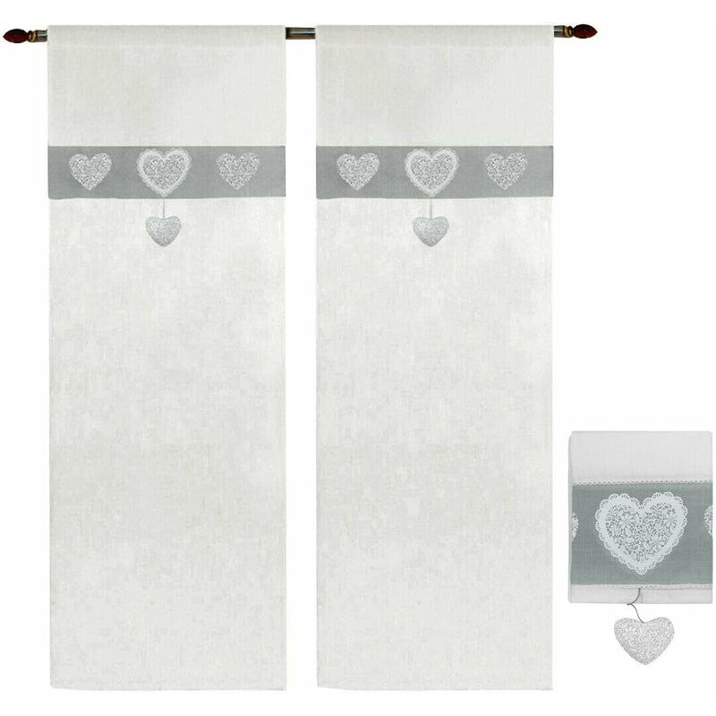 Rideau de Fenêtre Couple 2 pcs Porte Intérieure Tissu semi-transparent Coeurs Shabby Chic Gris - 60x150 cm
