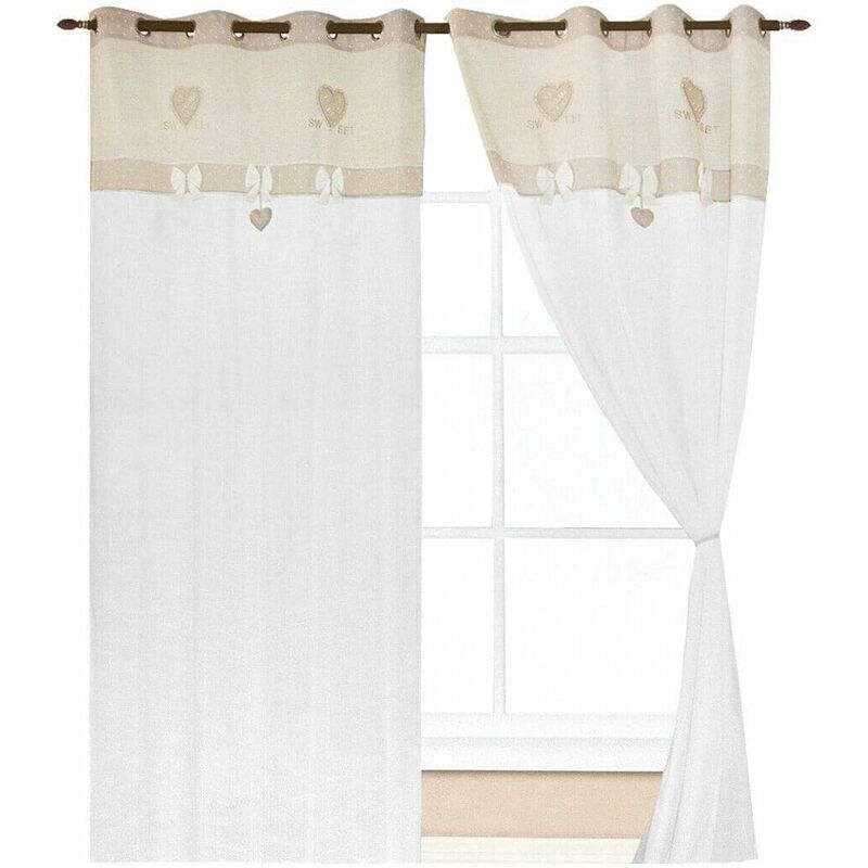 Rideau de Fenêtre Couple 2 pcs Porte Intérieure Tissu semi-transparent Petit Coeur Gris Tourterelle - 140x290 cm
