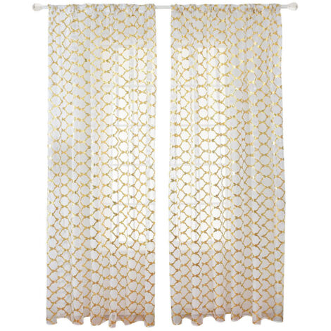 Rideau de fenêtre en tulle voile floral transparent à poche pour tringle, rideau de balcon pour chambre à coucher (doré)