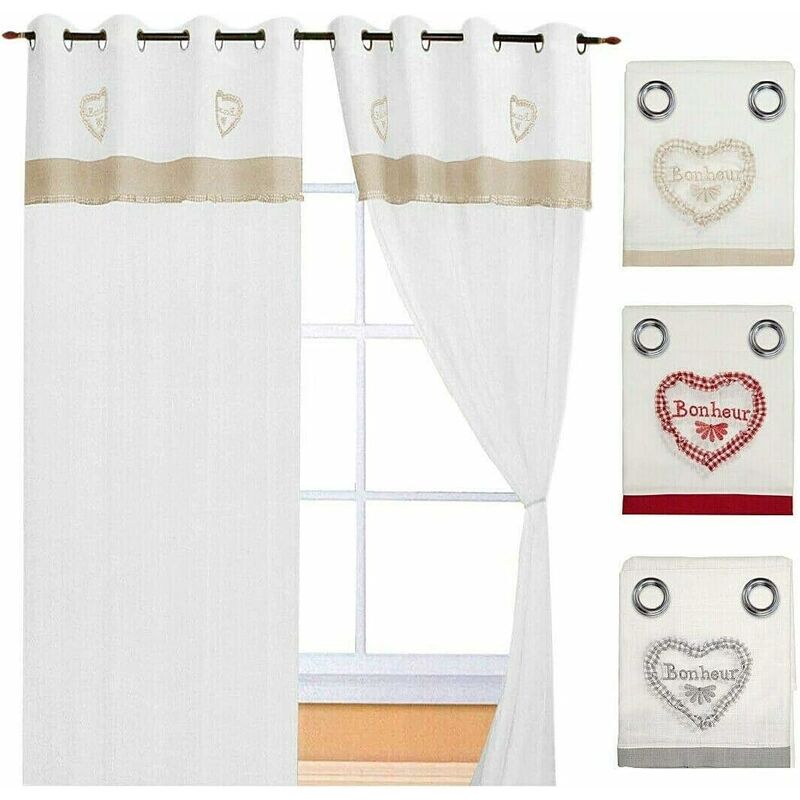 Rideau de Fenêtre Couple 2 pcs Porte Intérieure Tissu semi-transparent Coeur Petits Carrès Gris Tourterelle - 140x290 cm