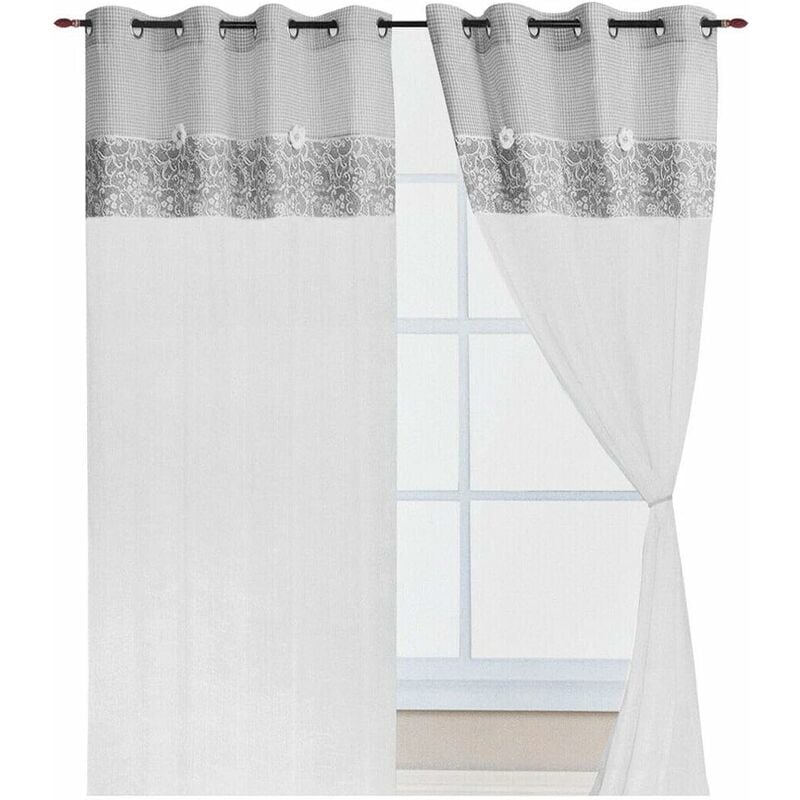 Rideau de Fenêtre Couple 2 pcs Porte Intérieure Tissu semi-transparent Marguerite Shabby Chic Gris - 140x290 cm