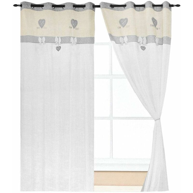 Rideau de Fenêtre Couple 2 pcs Porte Intérieure Tissu semi-transparent Petit Coeur Gris - 140x290 cm