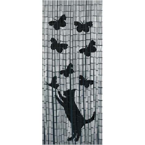 Rideau de porte bambou motif "Chat et Papillons" WENKO, Protection Anti Insectes, Anti Mouches, Anti moustiques, Brise Vue, Fabrication Main, 90x200 cm, Noir