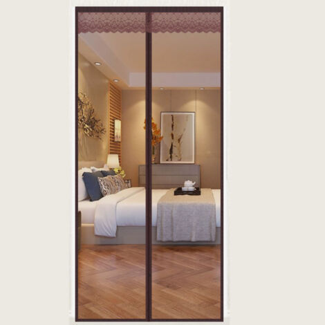 Rideau de porte magnétique anti-insectes marron, silencieux et aéré, avec bordure en dentelle, pour salon ou chambre, motif rayures et carreaux, 120x220 cm.