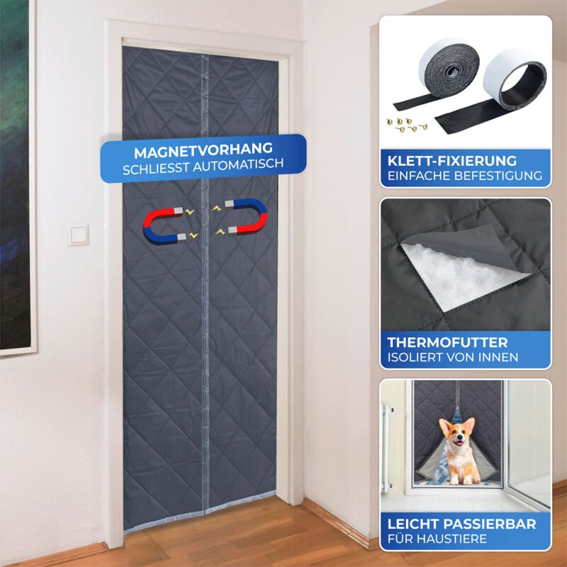 Rideau de porte Thermique Wenko Protection de la chaleur, froid, bruit, lumière Fermeture auto Tissu imperméable, doublure thermique 80x200cm Gris