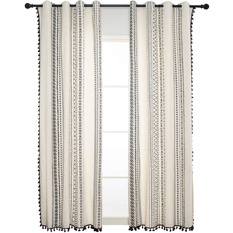 Sinbinta - Rideau de style bohème noir, rideaux de fenêtre bohème géométriques en lin avec pompons, rideaux de style maison de campagne pour chambre