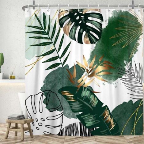 Rideau Douche 180x200cm, Rideau de Douche Anti Moisissure Vert Tropicale Jungle Feuilles de Palmier Rideaux de Baignoire Tissu Lavable Imperméable Rideaux Salle de Bain avec 12 Crochets
