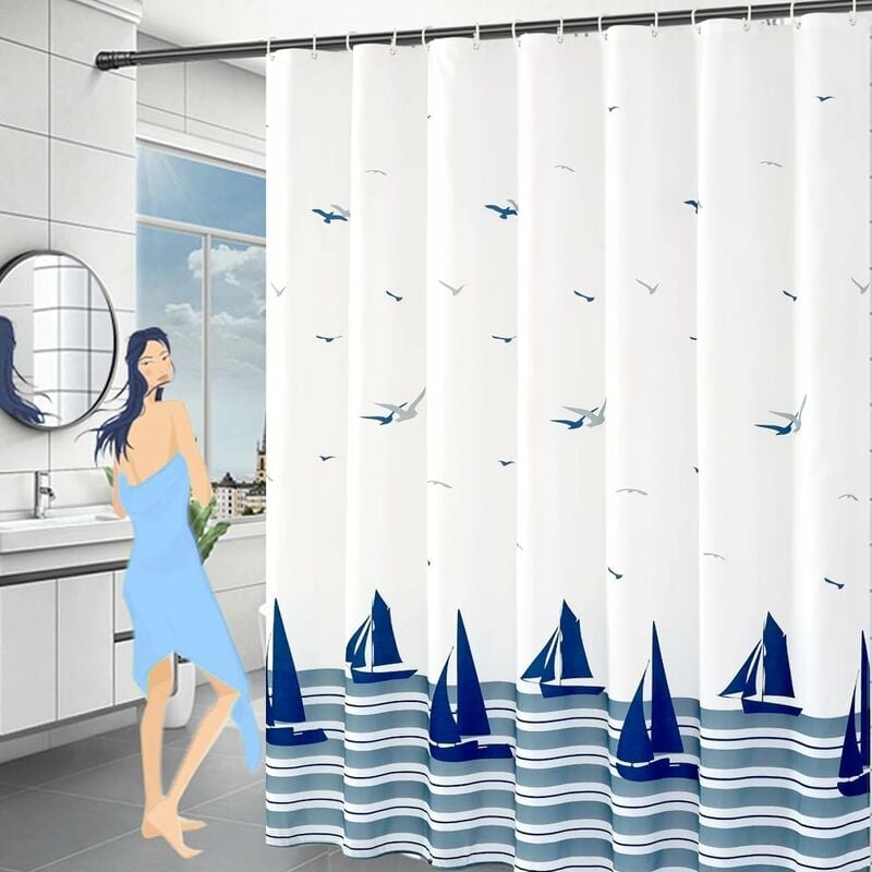 Rideau Douche 80x180cm- Anti Moisissure Rideau de Douche Ourlet Lesté, Imperméable Rideaux de Douche Lavable, Océan Rideaux Douche Tissu Polyester