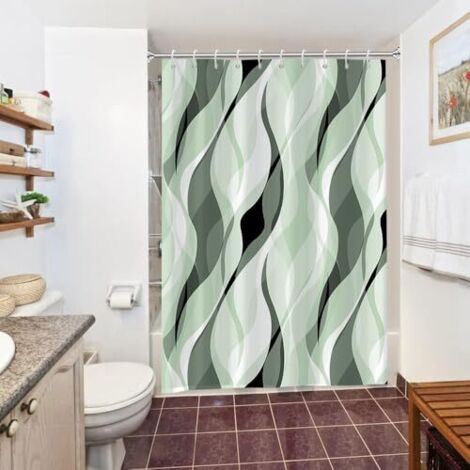 Rideau Douche Anti Moisissure, Rideau de Douche Vert Sauge Abstrait Reyures Rayé Rideaux de Baignoire Tissu Imperméable Lavable Polyester Rideaux Salle de Bain avec 10 Crochets 150x180cm