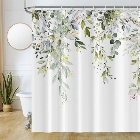 Rideau Douche Anti Moisissure, Rideau Douche 180x200cm Vert Sauge Feuilles d'eucalyptus Fleuri Blanc Aquarelle Rideaux de Baignoire Tissu Lavable Imperméable Rideaux de Bain avec 12 Crochets