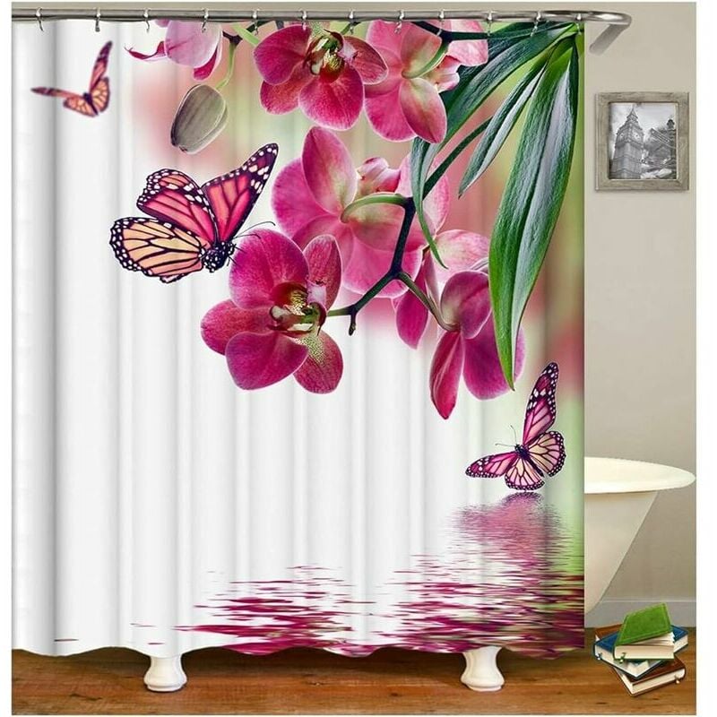 Rideau Douche Blanc avec Crochet Rideau Douche Bambou Fleuri Rose,Grand Rideau Douche Anti-Moisissure Polyester Rideau De Douche 180 x 200 cm,