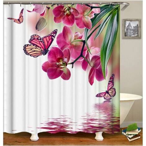 Rideau Douche Blanc avec Crochet Rideau Douche Bambou Fleuri Rose,Grand Rideau Douche Anti-Moisissure Polyester Rideau De Douche 180 x 200 CM, Ensoleillé
